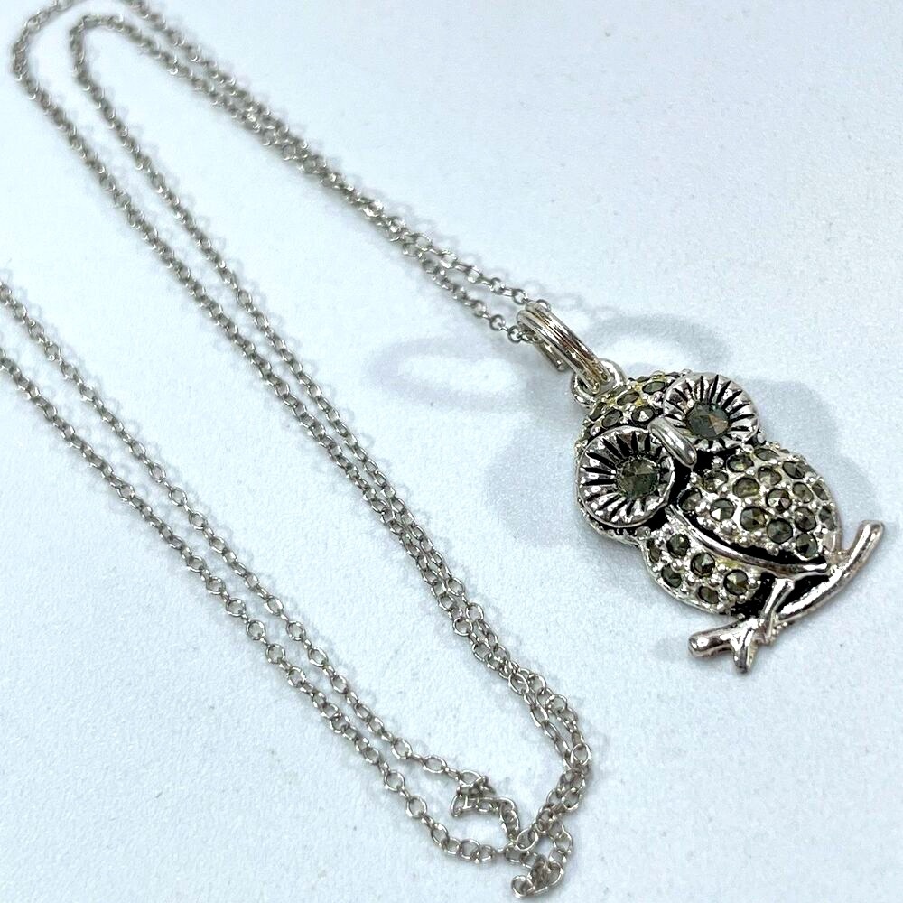 925 Sterling Silver Marcasite Rhinestone Owl Pendant Necklace Chain Nature Boho